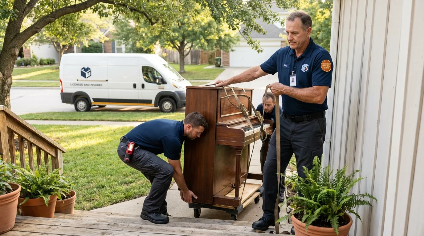 Licensed piano movers securing grand piano in Greene, ME