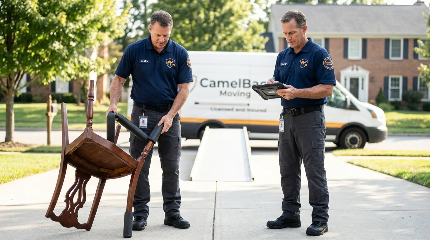 Movers inspecting furniture for damage prevention before loading in Greene, ME