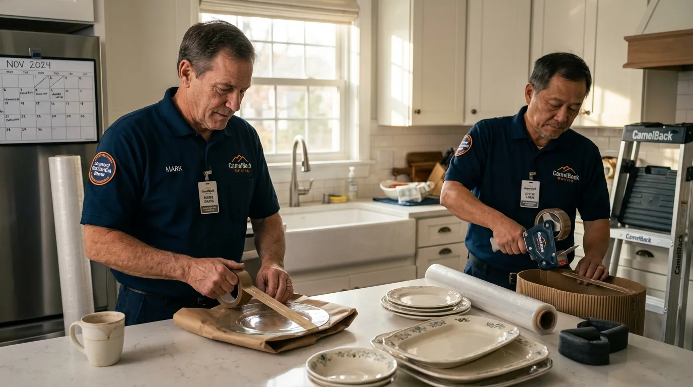 Professional crew packing kitchen dishware in Greene, ME
